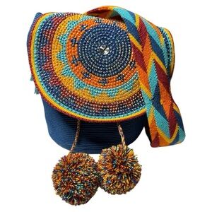 Wayuu Crystal Medallion Crochet Pom Pom Bag Flap Top